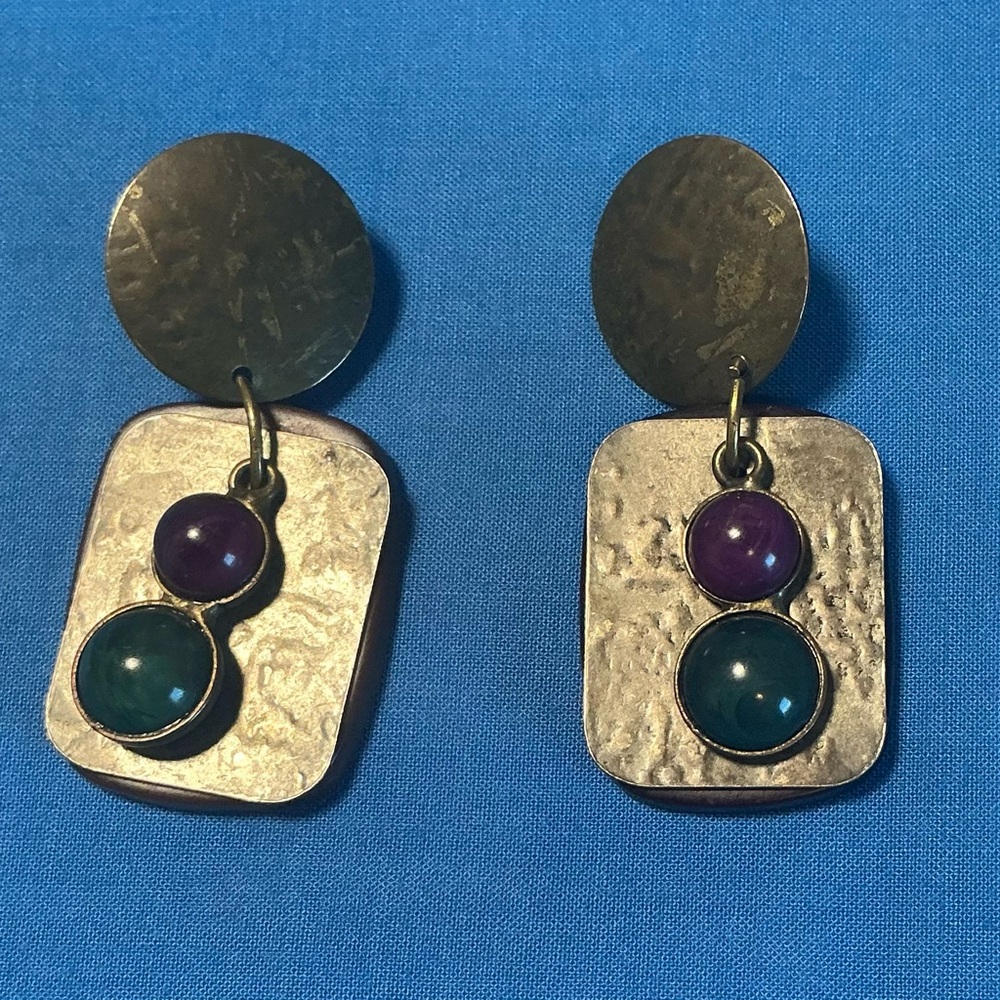 Drop/Dangle Pierced Earrings. Geometric Design. Purple & Green Cabochon. Vintage